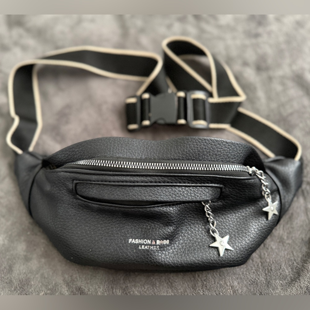 Black Faux Leather Waist Bag with Star Charms